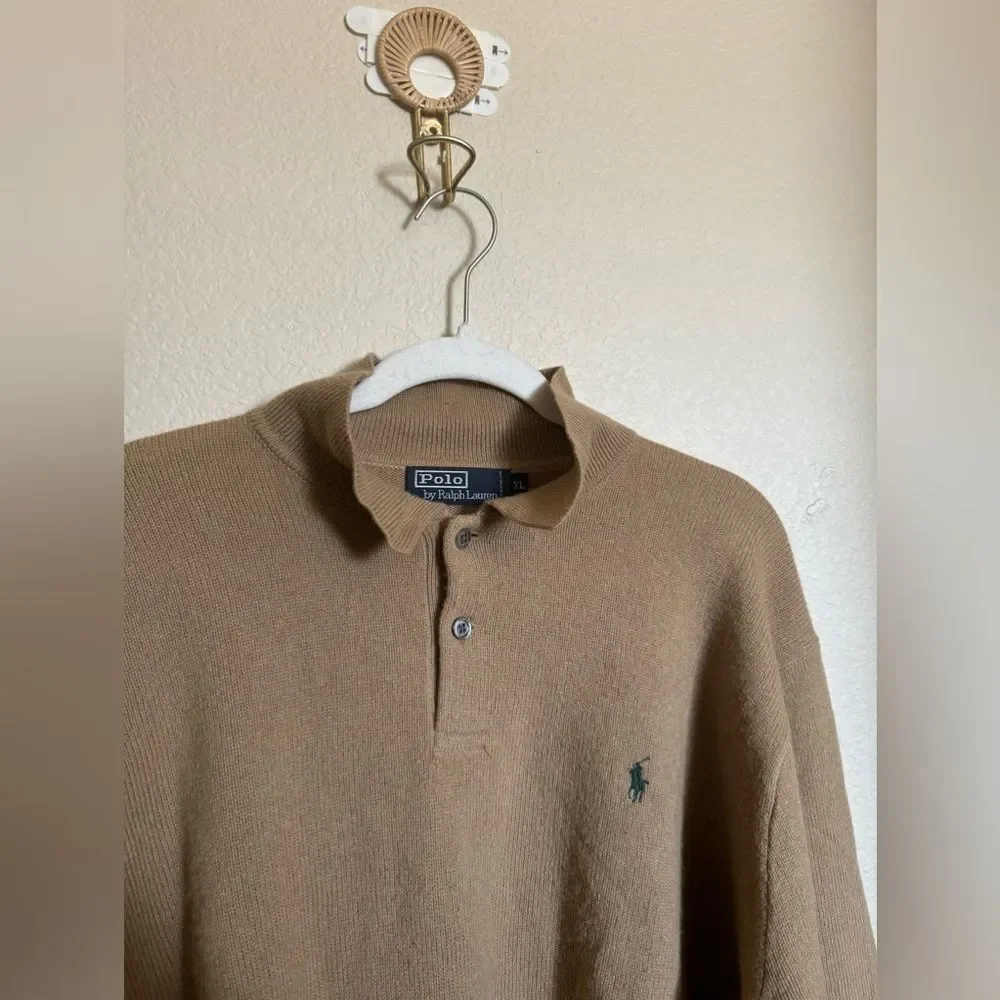 Vintage Polo Ralph Lauren Italian Lambswool‎ Polo Sweater XL Tan Collared